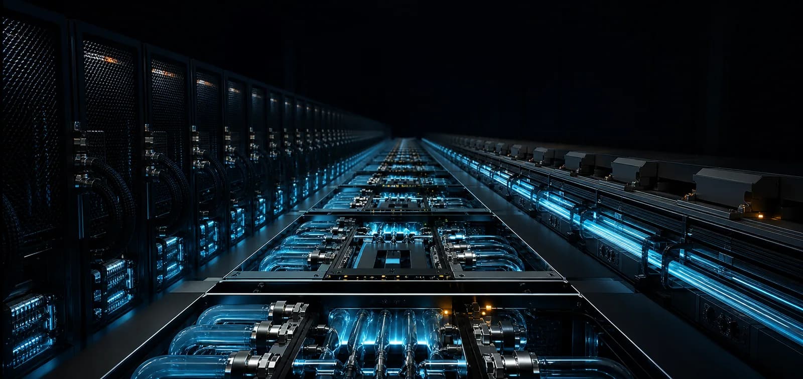 Dark liquid-cooled GPU compute hall with illuminated data paths